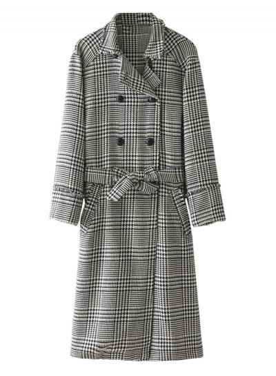 Oasap Turn Down Collar Long Sleeve Plaid Long Coat