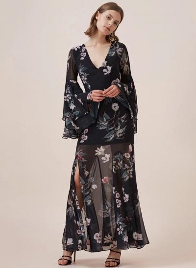 Oasap V Neck Floral Print Split See Through Maxi Dress