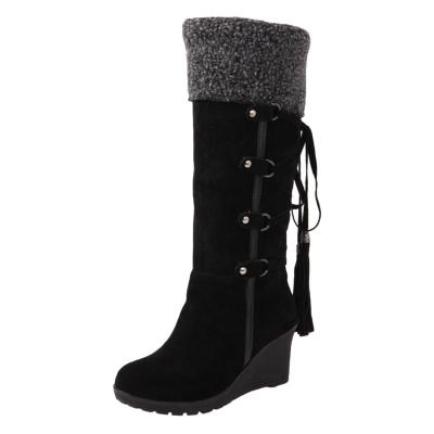 Oasap Round Toe Wedge Heels Fold Down Lace Up Mid-calf Boots