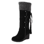 Oasap Round Toe Wedge Heels Fold Down Lace Up Mid-calf Boots