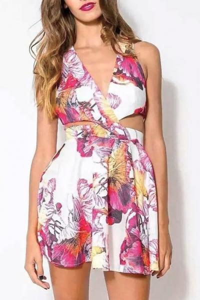 Oasap Floral Print Hollow Out Surplice Mini Dress