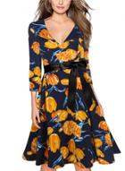 Oasap V Neck 3/4 Sleeve Floral A-line Cocktail Dress