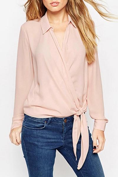 Oasap Chic V Neck Button Down Tie Front Chiffon Shirt