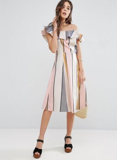 Oasap Slash Neck One Shoulder Striped Dress