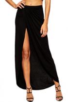 Oasap Sexy Classic Black Cotton Maxi Skirt With Slit
