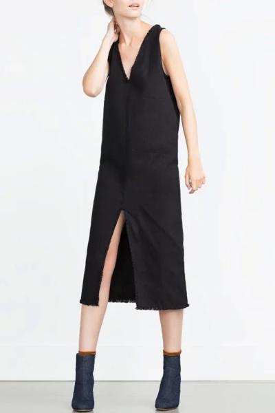 Oasap Women Chic Deep V Frayed Slit Front Sleeveless Dress