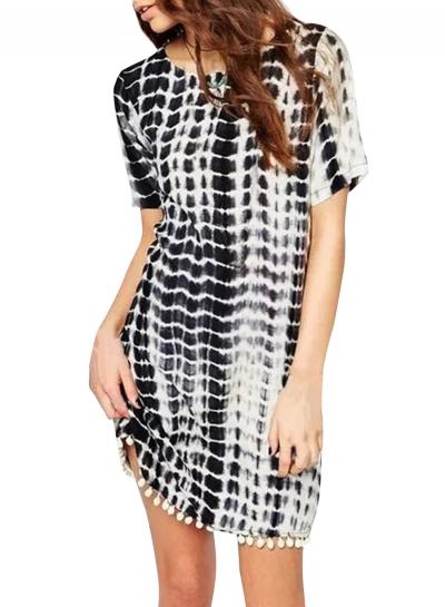 Oasap Women's Short Sleeve Tie Dye Pom Pom Hem Dress