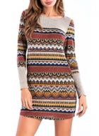 Oasap Round Neck Long Sleeve Printed Pullover Mini Dress