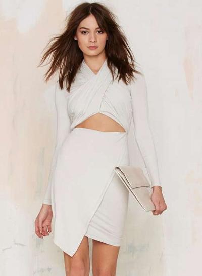 Oasap Solid Color Long Sleeve Hollow Out Irregular Bodycon Dress