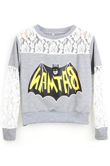 Oasap Batman Pattern Lace Paneled Sweatshirt