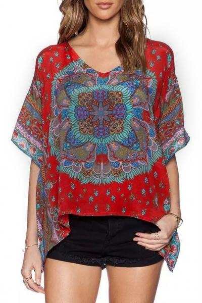 Oasap Vintage Irregular Short Sleeve Printed Blouse
