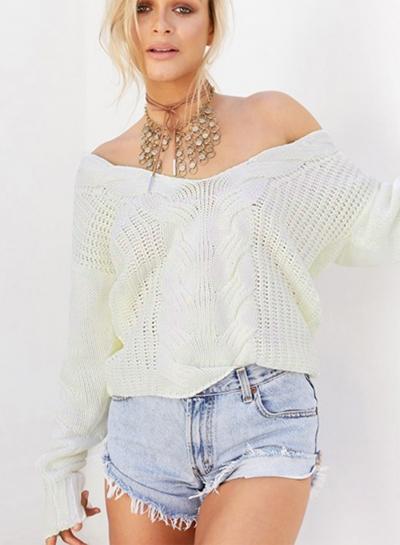 Oasap V Neck Loose Fit Cable Knitted Sweater