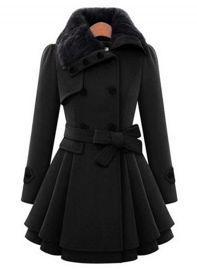 Oasap Turn-down Fur Collar Long Sleeve Double Breasted Woolen Coat