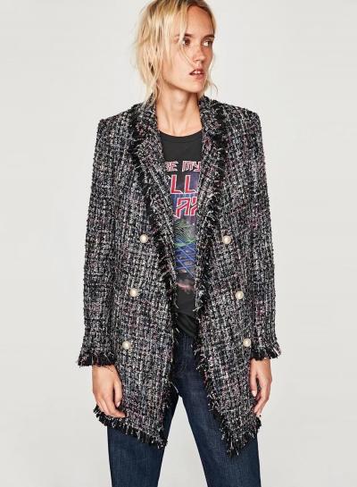 Oasap Turn Down Collar Long Sleeve Tassels Decoration Plaid Coat