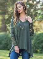 Oasap V Neck Lace Panel Solid Color Long Sleeve Irregular Sweater