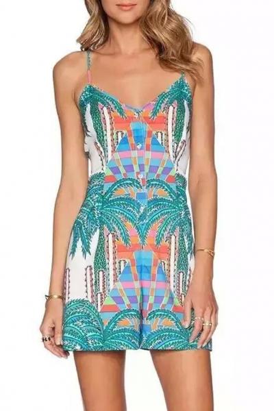 Oasap Summer Tropical Print Cami Romper