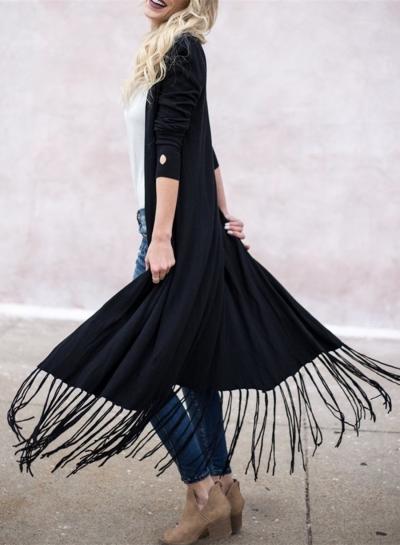 Oasap Solid Color Slim Fit Open Front Fringe Long Cardigan