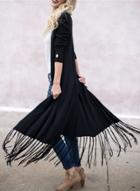 Oasap Solid Color Slim Fit Open Front Fringe Long Cardigan