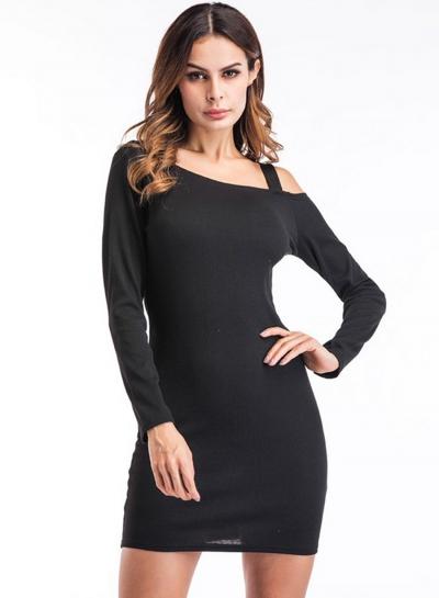 Oasap Round Neck One Shoulder Bodycon Solid Color Dress