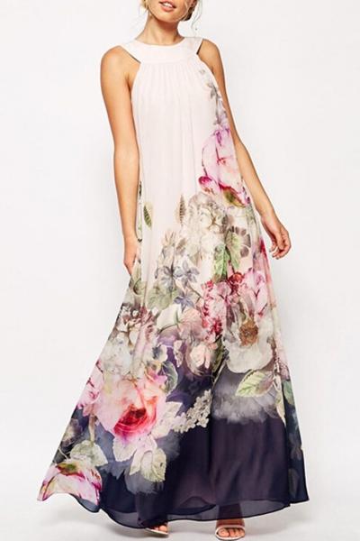 Oasap Stylish Floral Halter Top Maxi Dress