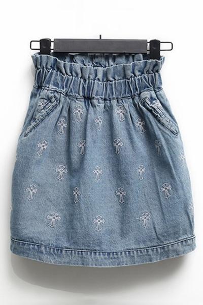Oasap High Waist Cross Embroidered Denim Skirt
