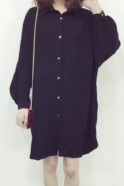 Oasap Fashion Solid Batwing Sleeve Button Down Shirt Dress