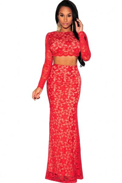 Oasap Red Lace Open Back Long Sleeves Maxi Skirt Set