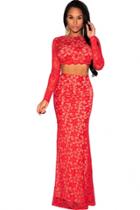 Oasap Red Lace Open Back Long Sleeves Maxi Skirt Set