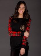 Oasap Round Toe Plaid Sleeve Color Block Tee Shirt With Pocket