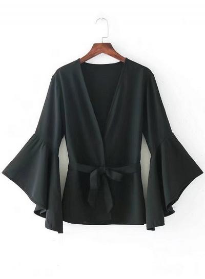 Oasap V Neck Flare Sleeve Solid Color Coats