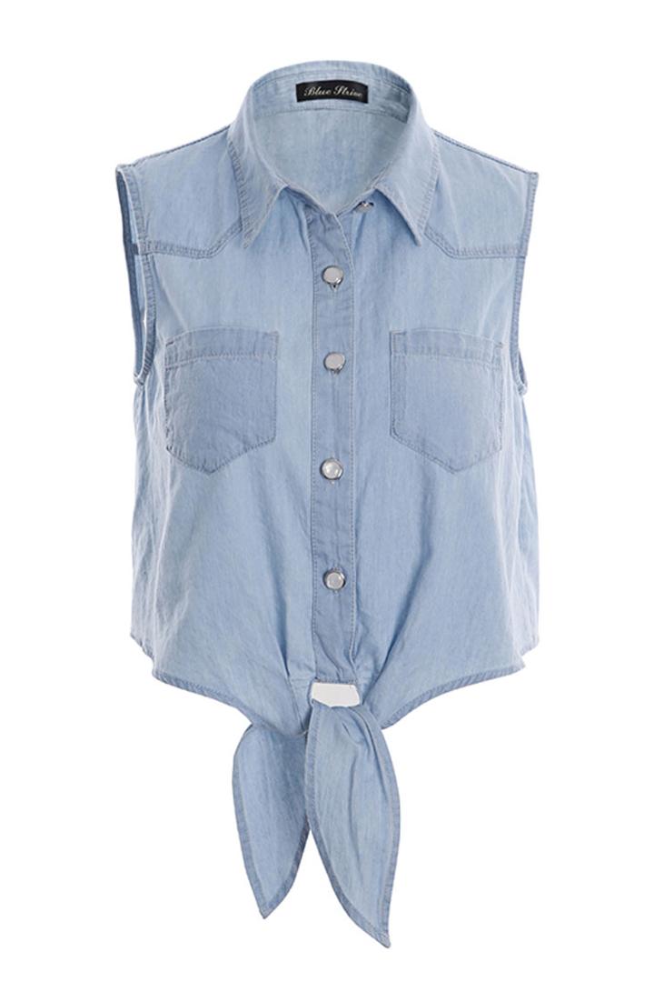 Oasap Fashion Light Blue Sleeveless Button Down Shirt