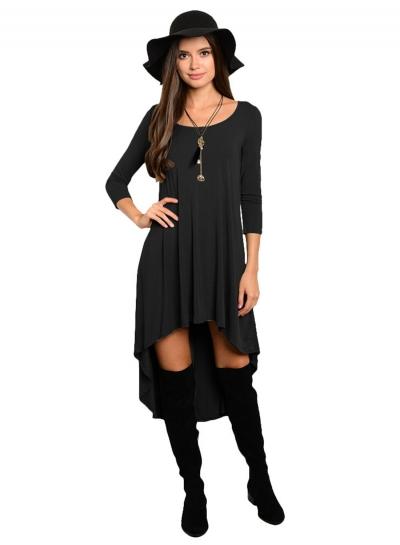 Oasap Scoop Neck 3/4 Sleeve Solid Color High Low Dress