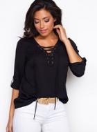 Oasap V Neck Lace Up Half Sleeve Solid Color Blouse
