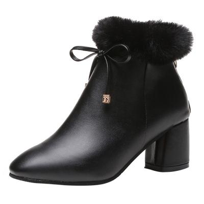 Oasap Solid Color Bow Faux Fur Pointed Toe Ankle Boots