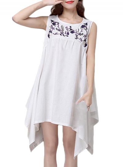 Oasap Women's National Wind Embroidery Print Sleeveless Asymmetric Dress