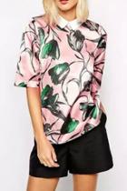 Oasap Demure Pink Graphic Floral Blouse