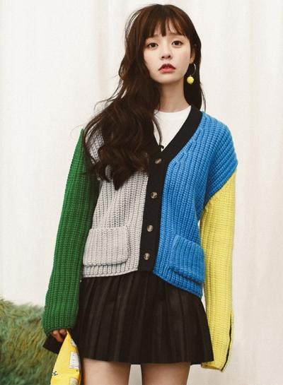 Oasap Fashion Long Sleeve Color Block Single Breasted Cardigan