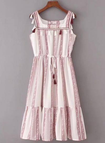 Oasap Sleeveless Drawstring Waist Midi Dress With Tassel