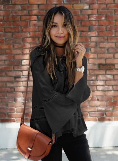 Oasap Round Neck Flare Sleeve Hollow Out Solid Color Blouse
