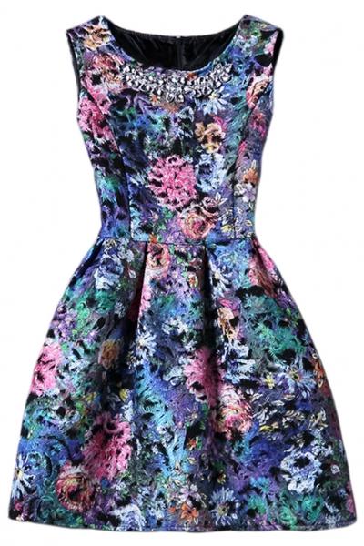 Oasap Floral Print Rhinestone Decoration Slim Fit Sleeveless A-line Dress