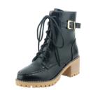 Oasap Solid Color Buckle Round Toe Lace Up Martens Boots