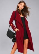 Oasap Slim Fit Turn-down Collar Open Front Solid Color Trench Coat