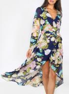 Oasap Long Sleeve Open Front Floral Dress
