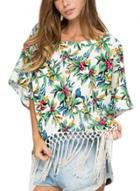 Oasap Women's Floral Graphic Tasseled Chiffon Blouse