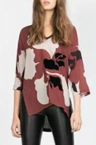 Oasap Abstract Floral Print Side Slit High Low Tee
