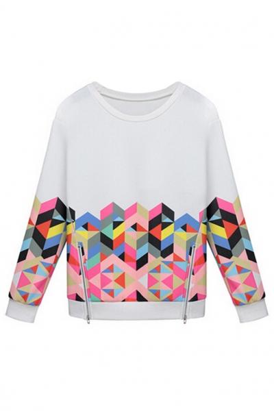 Oasap Graphic Geo Pattern Zipper Deco Sweatshirt