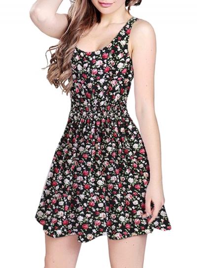 Oasap Women's Sleeveless Floral Print Elastic Waist Mini Skater Dress