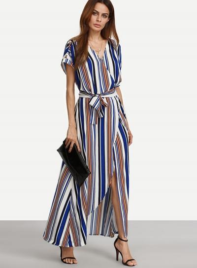 Oasap Deep V Neck Striped Slit Maxi Dresses