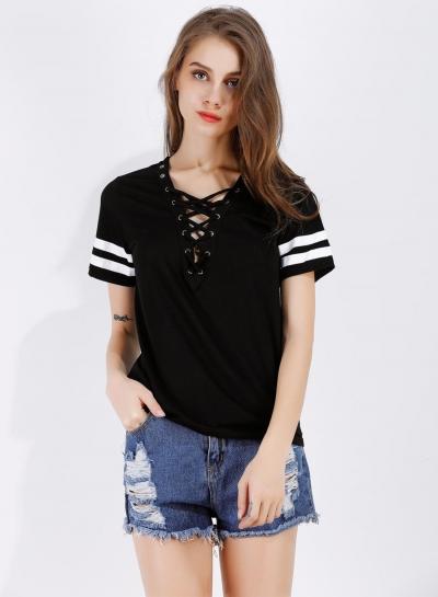 Oasap Fashion V Neck Lace-up Short Sleeve Stripe Tee
