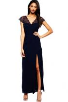 Oasap Navy Eyelash Lace Splicing Chiffon Evening Dress